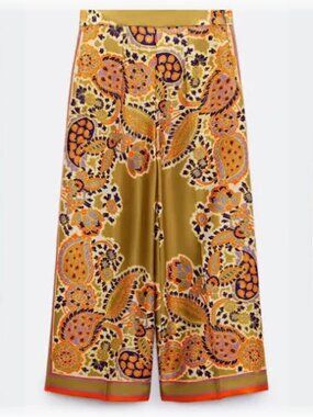 Zara Paisley Printed Satin Wide Leg Cropped pants Toffee size Small
